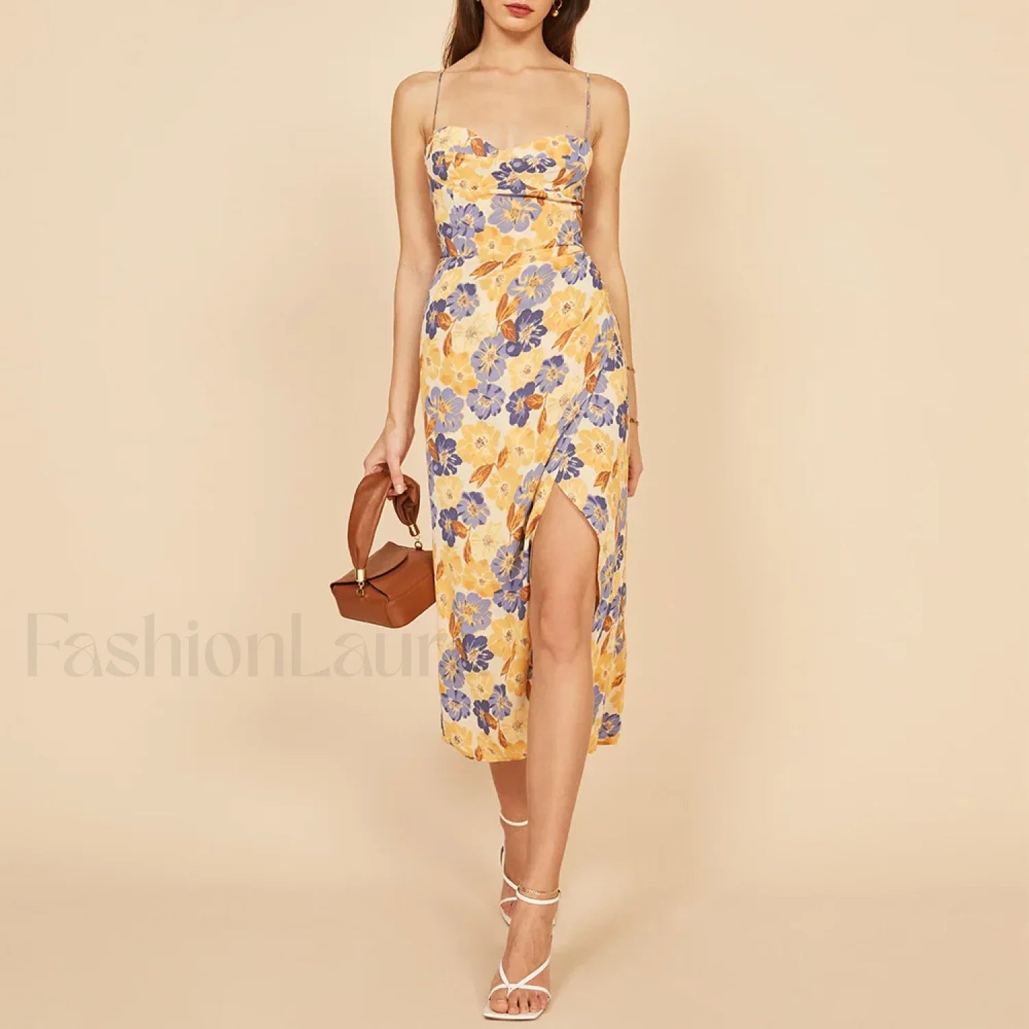 Slit Spaghetti Chiffon Floral Dress beige4 / S
