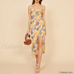 Slit Spaghetti Chiffon Floral Dress beige4 / S