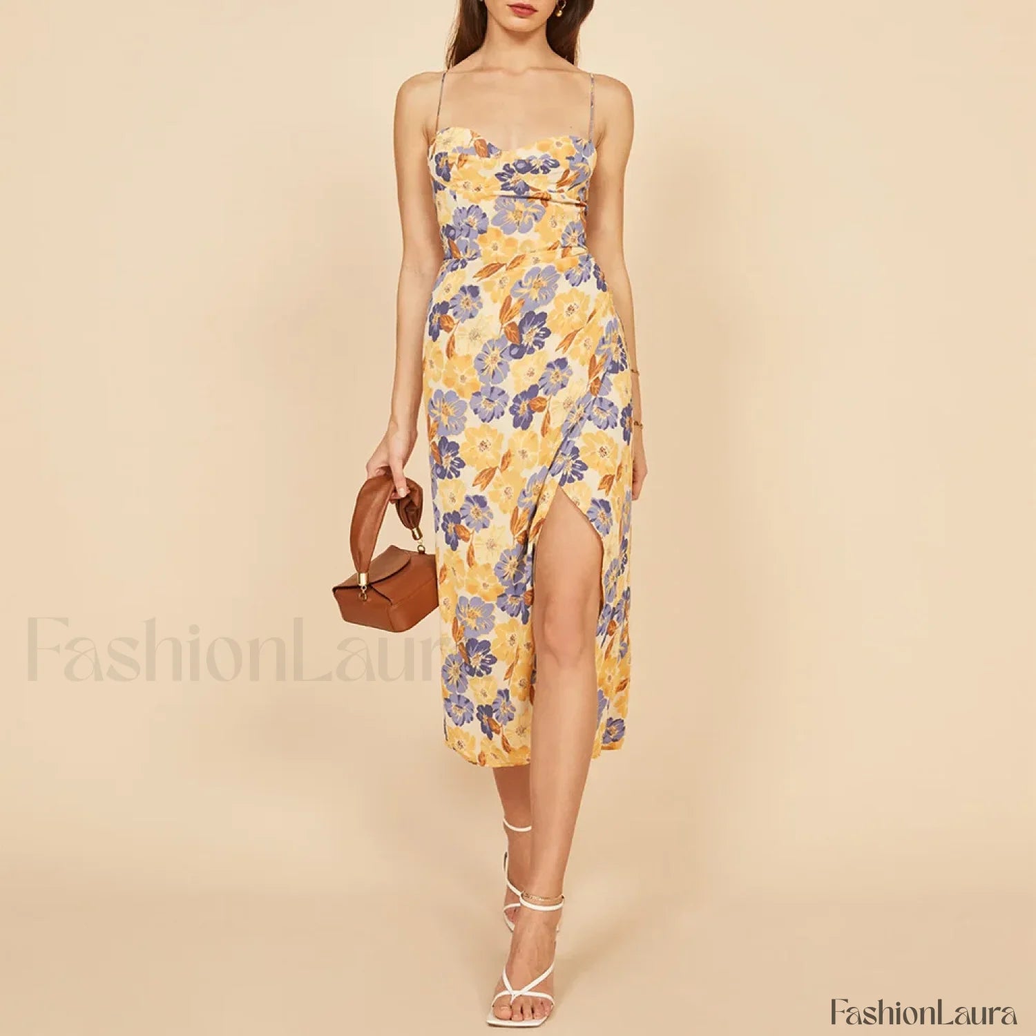 Slit Spaghetti Chiffon Floral Dress beige4 / S