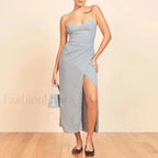 Slit Spaghetti Chiffon Floral Dress blue / S