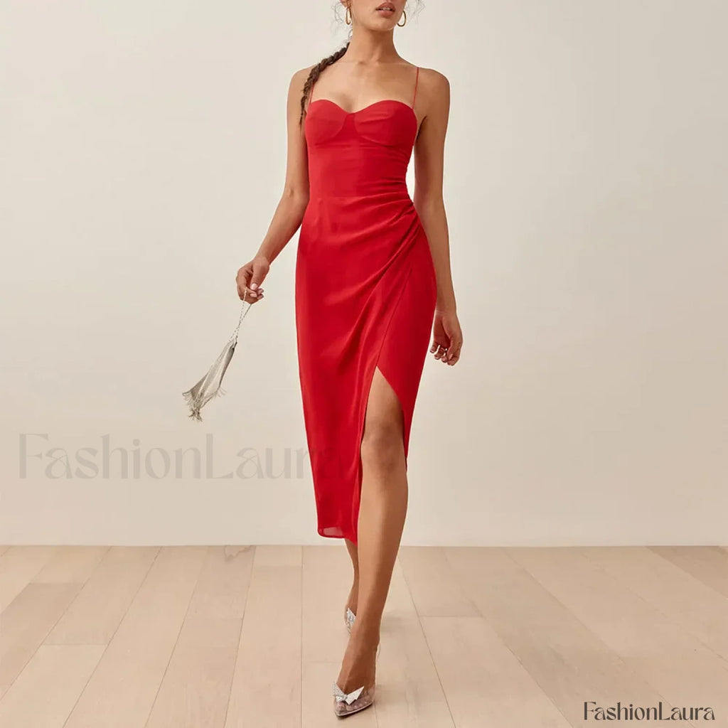 Slit Spaghetti Chiffon Floral Dress red / S