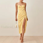 Slit Spaghetti Chiffon Floral Dress yellow / S