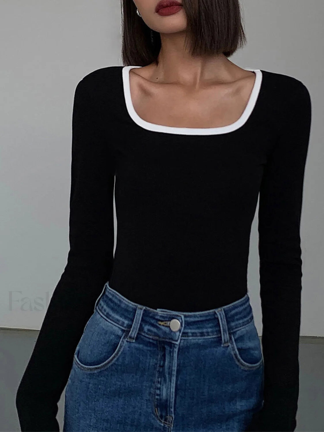 Sliver Lining Contrast Neckline Long Sleeve Top Black / XS T Shirts Main image