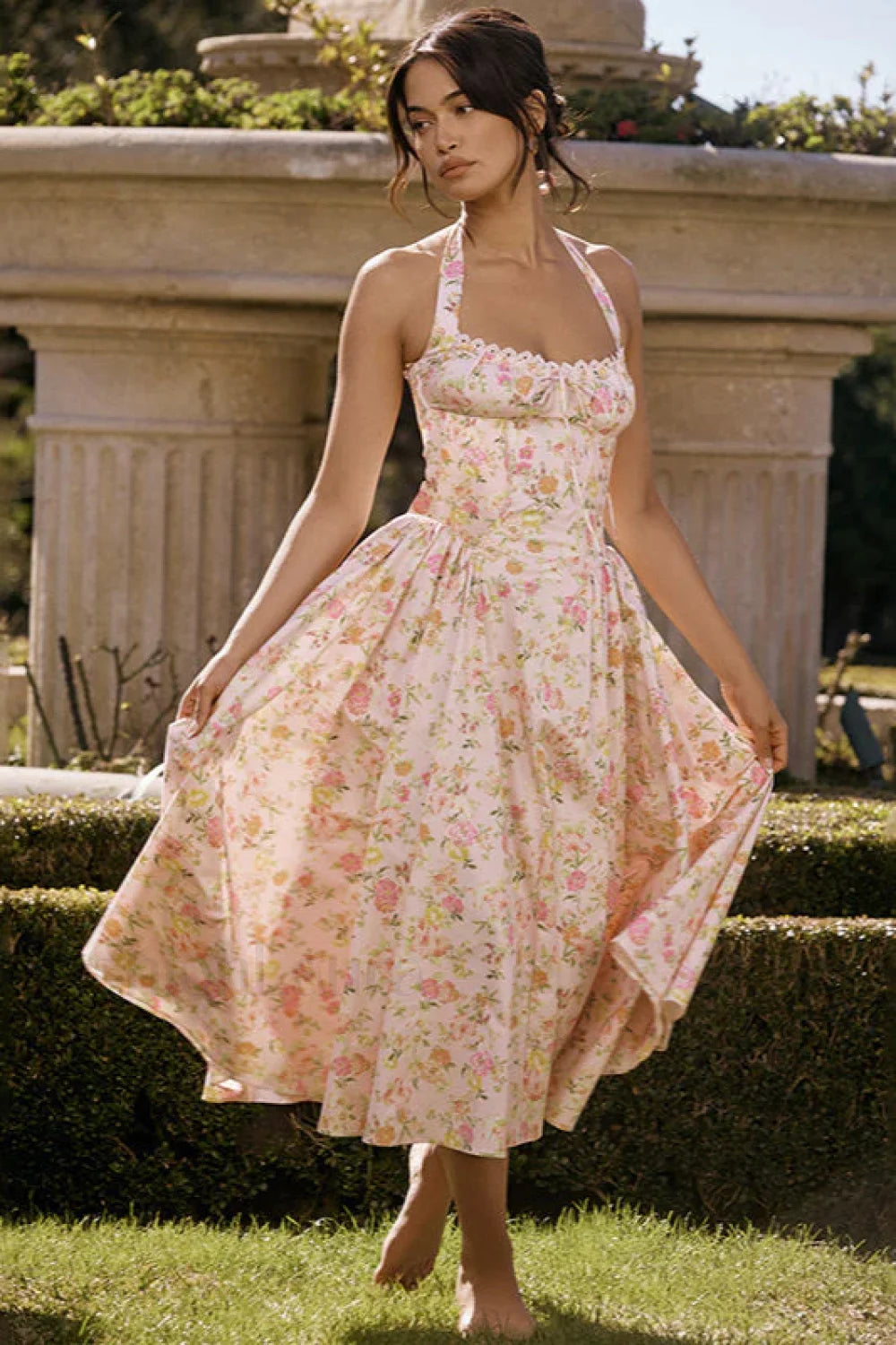 Small Fragrant Casual Printed Halter Strap Mini Floral Dress Pink / S
