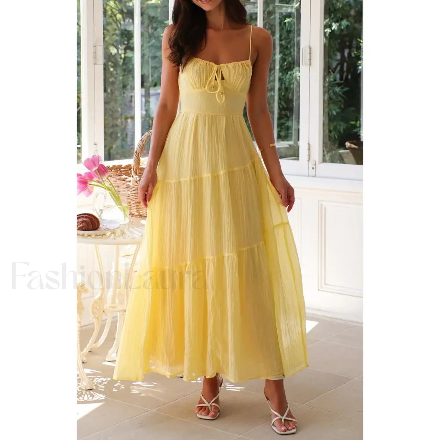 Smocked Bow Front Midi Dress Yellow / S Main image