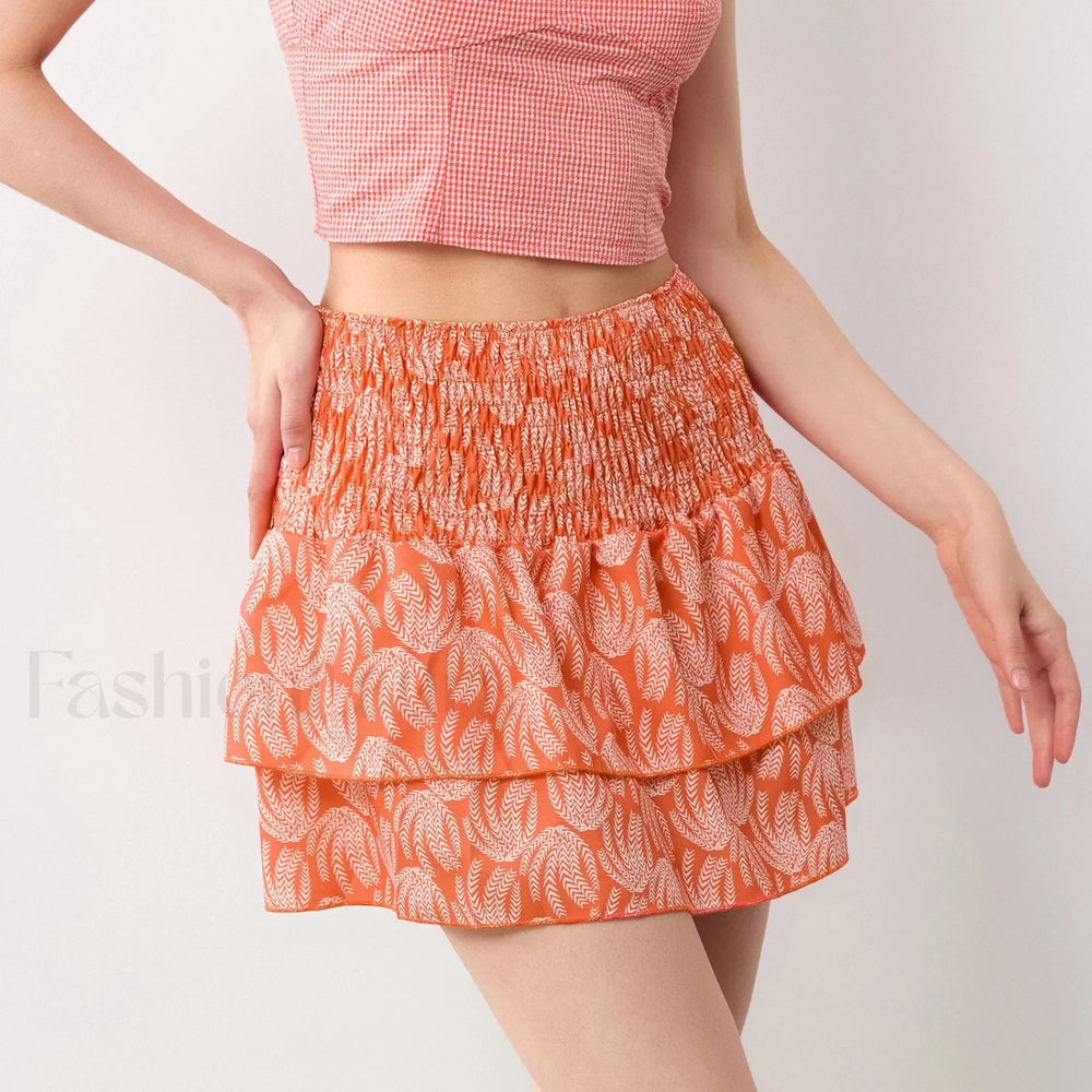 Smocked Flower Print A Line Skirt Orange / S