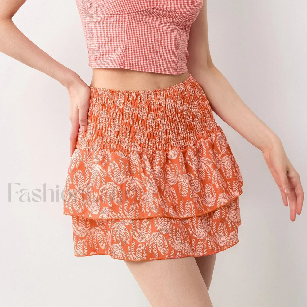 Smocked Flower Print A Line Skirt Orange / S