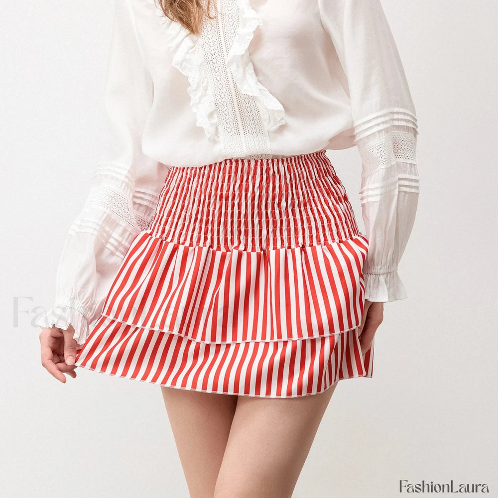 Smocked Flower Print A Line Skirt Red / S