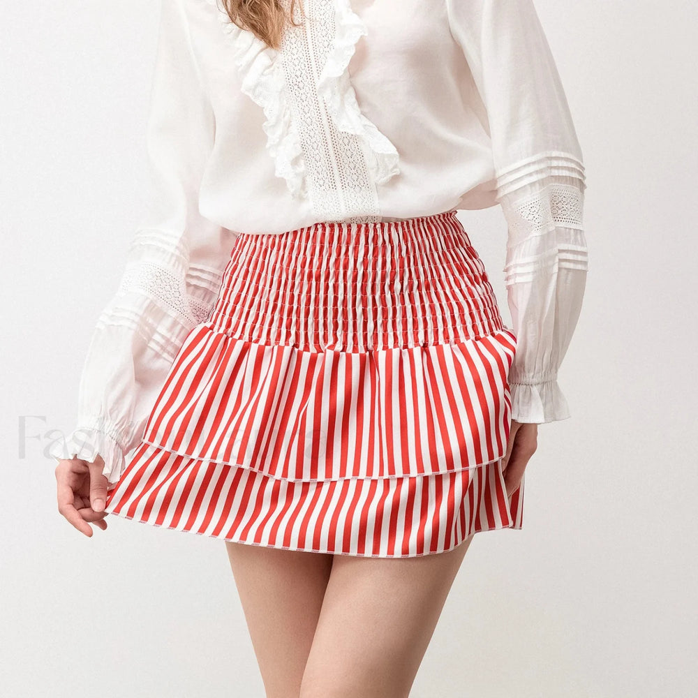 Smocked Flower Print A Line Skirt Red / S