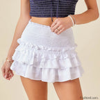 Smocked Waist Tiered Mini Skirt WHITE / S
