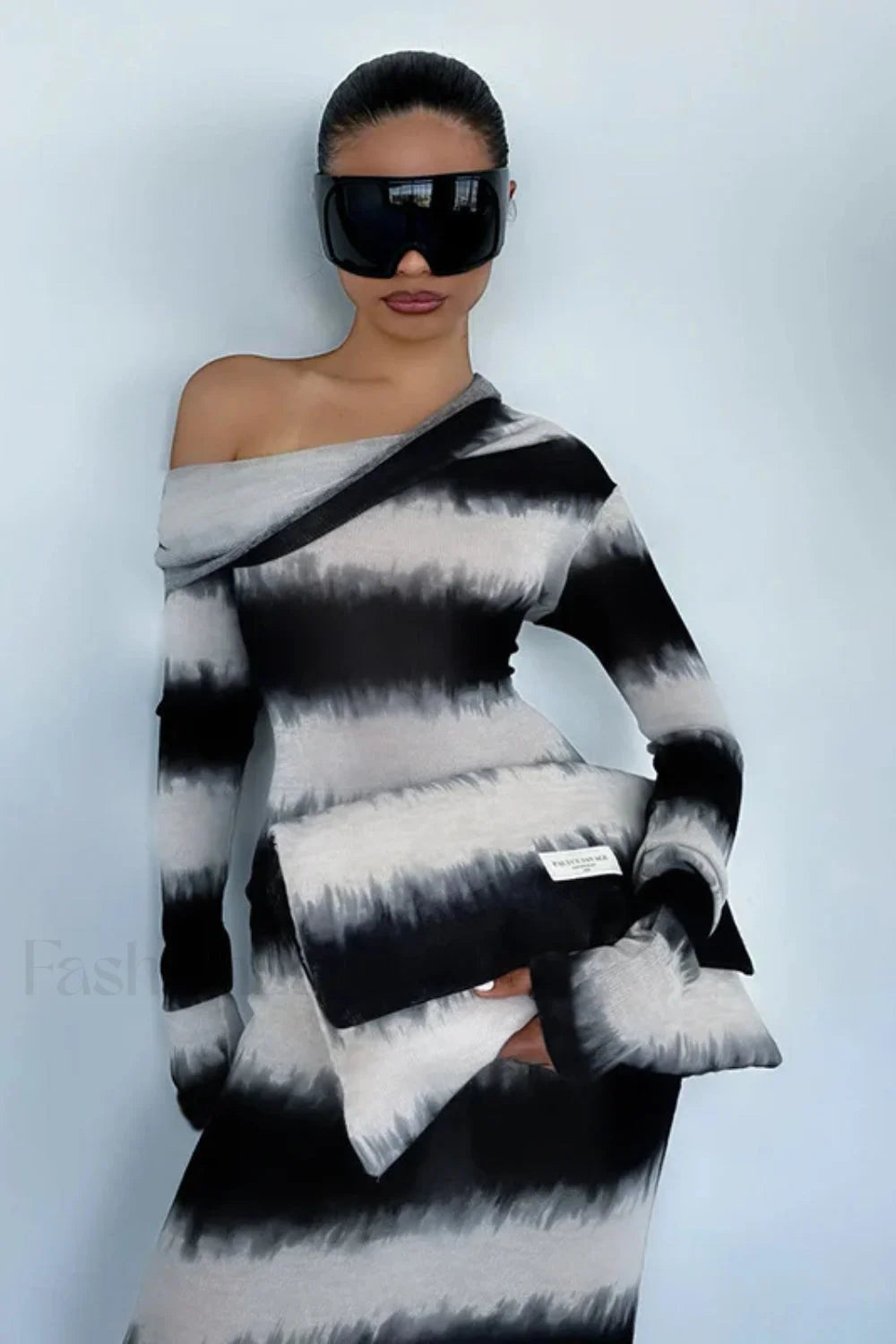 Smudged Black and White Stripes Asymmetrical Slanted Shoulder Maxi Dress Secondary image