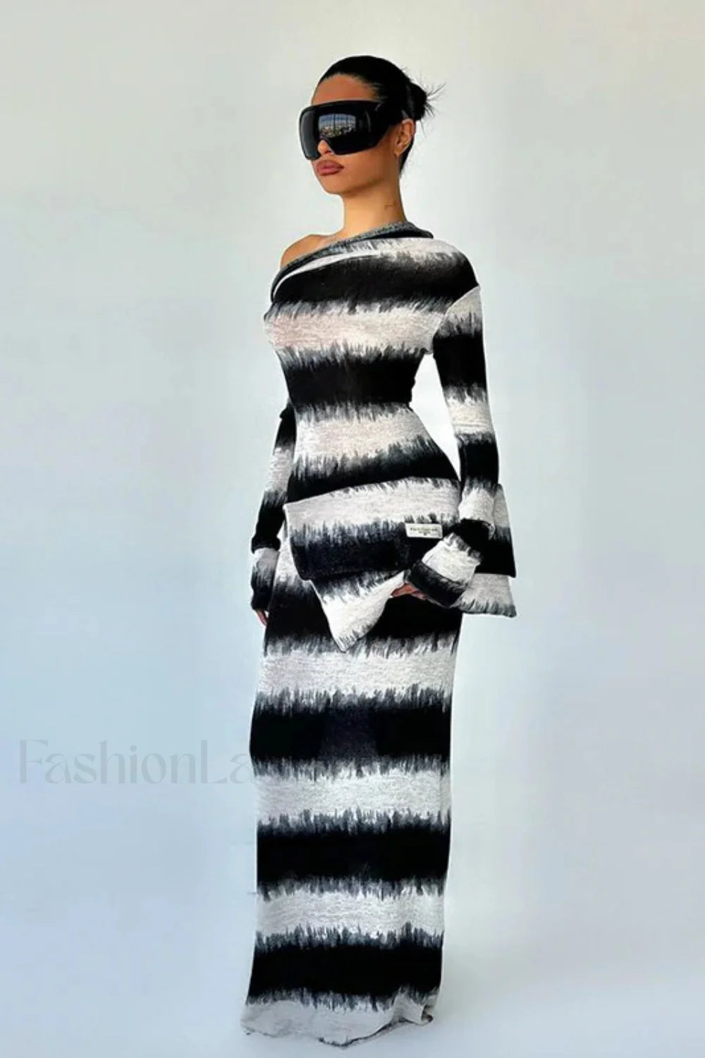 Smudged Black and White Stripes Asymmetrical Slanted Shoulder Maxi Dress Stripes / S Main image