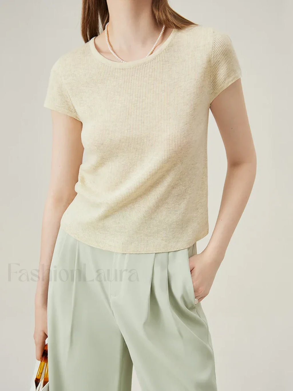 Soft Wool Lace Up Summer Grey T Shirt Oatmeal color / XS