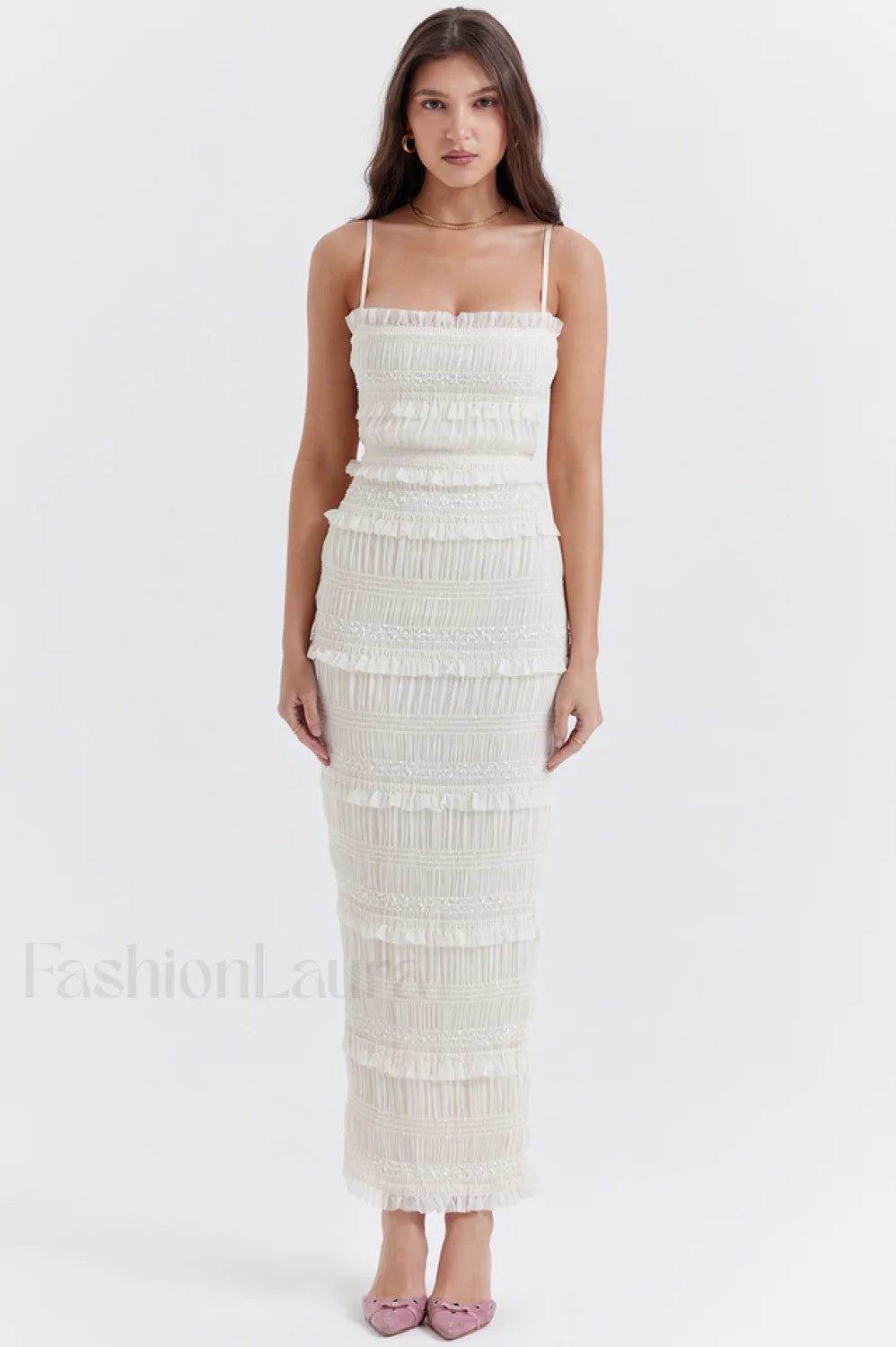 Solana Ivory Sequin Charming Pleat Maxi Dress