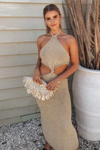 Solid Backless Halter Bodycon Work Dress
