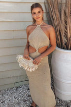Solid Backless Halter Bodycon Work Dress