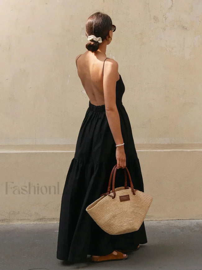 Solid Backless Long Dress Black / XS Dresses Main image