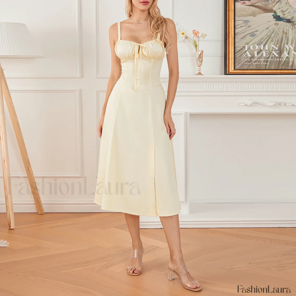Solid Bandage A Line Midi Dress Yellow / S