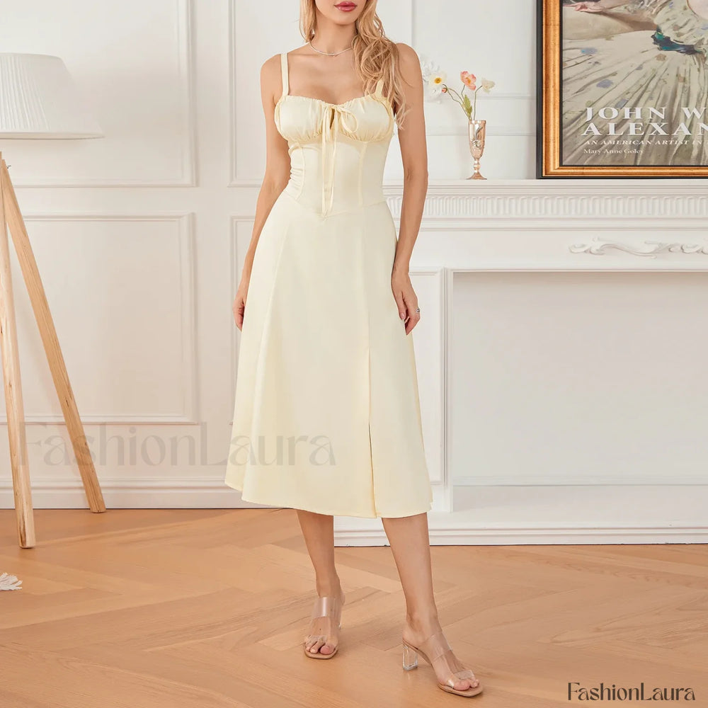 Solid Bandage A Line Midi Dress Yellow / S