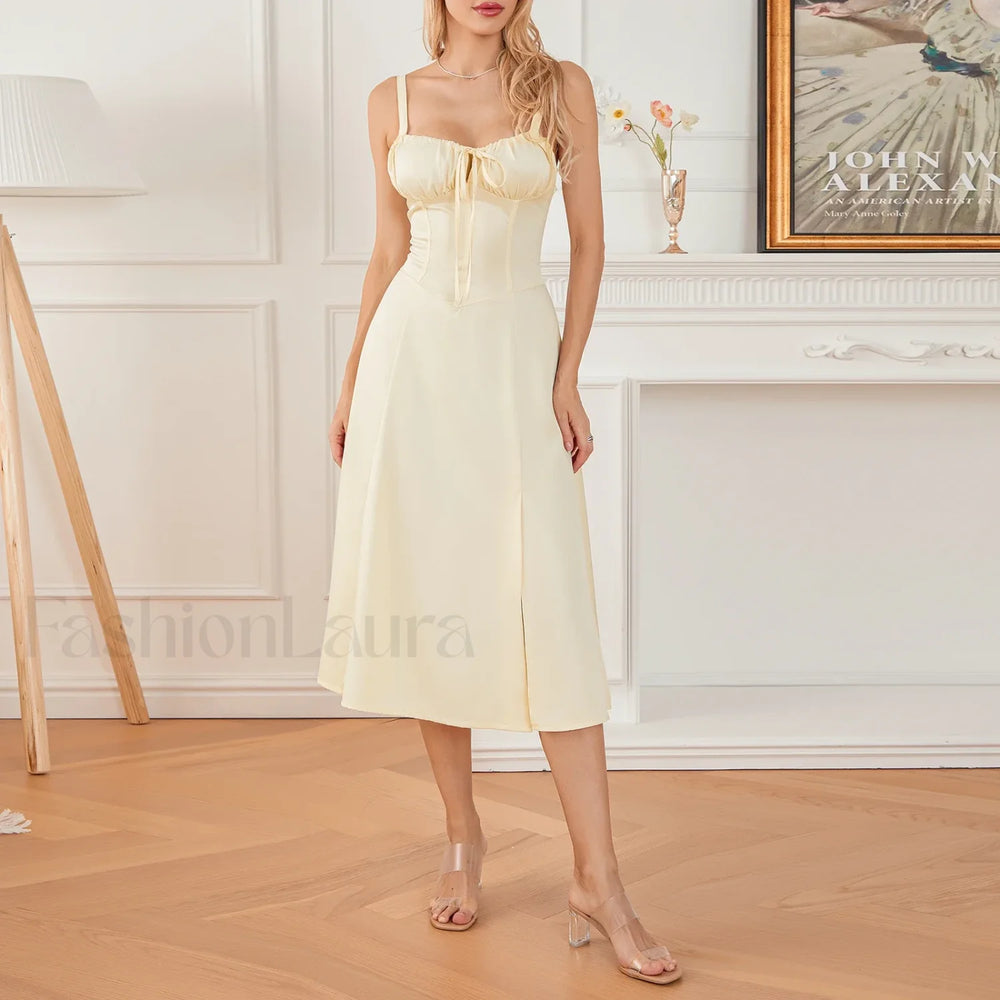 Solid Bandage A Line Midi Dress Yellow / S