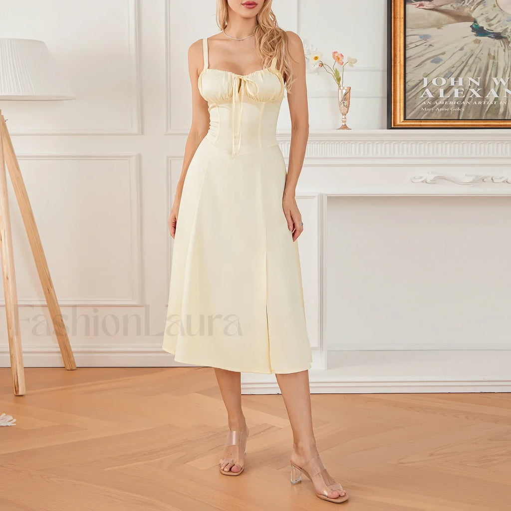 Solid Bandage A Line Midi Dress Yellow / S
