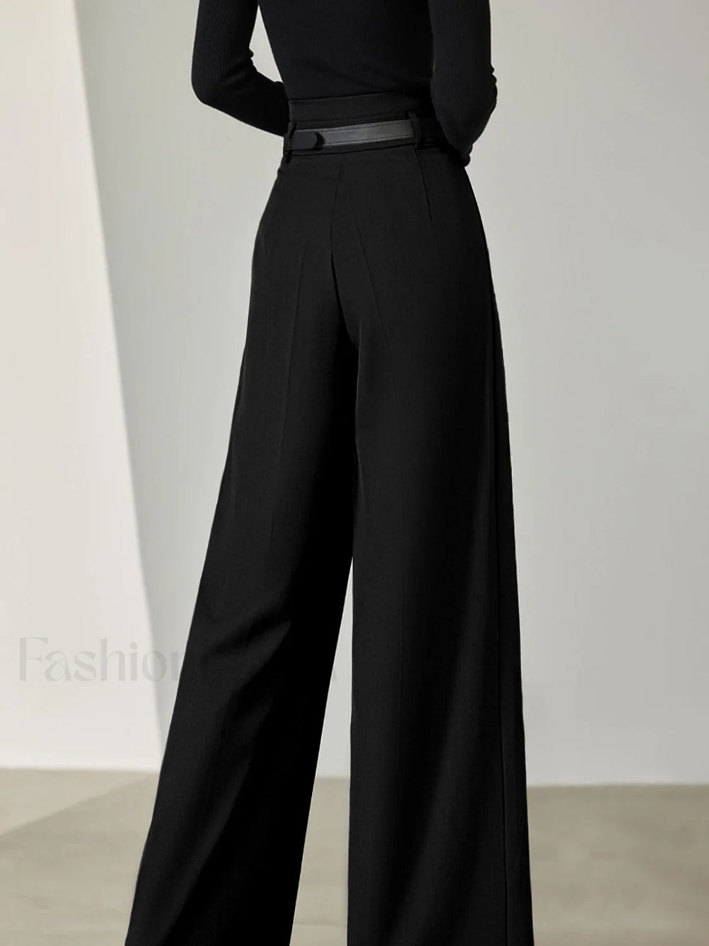 Solid Belted Pleated Trendy Wide Leg Pants Pants