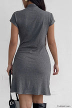 Solid Buttoned High Collar Bodycon A Line Work Dress