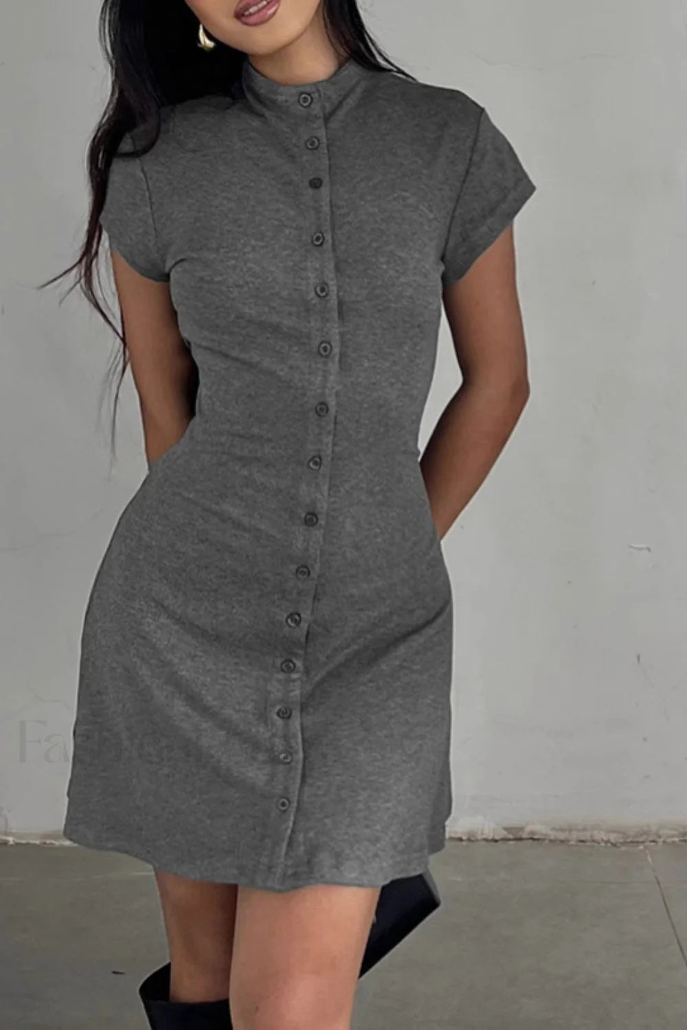 Solid Buttoned High Collar Bodycon A-Line Work Dress Secondary image