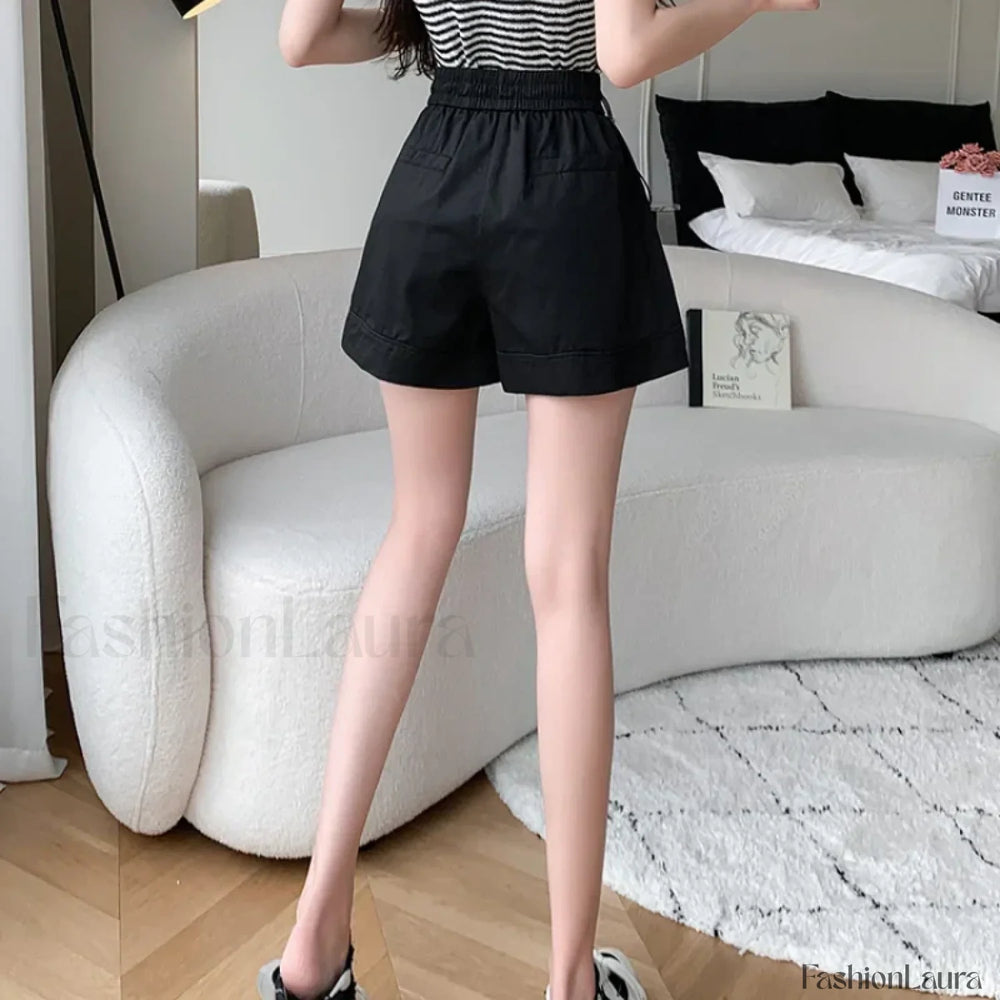 Solid Color A line High Waist Elastic Loose Shorts