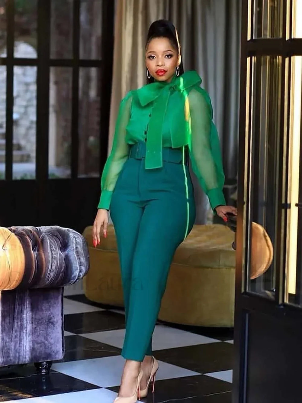 Solid Color Belted Pencil Pants Dark Green / M Pants