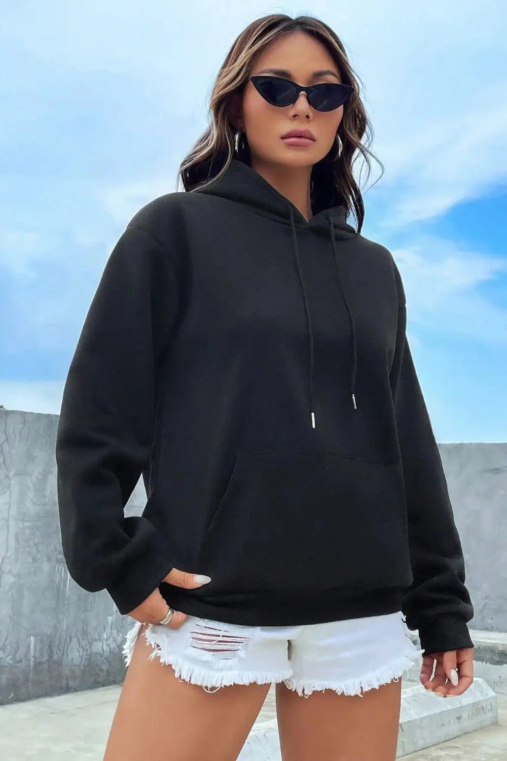 Solid Color Casual Pocket Hoodie Black / S