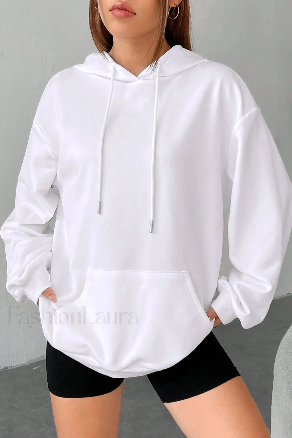 Solid Color Casual Pocket Hoodie White / S