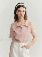 Solid Color Cotton Polo Collar T Shirt Pink / S