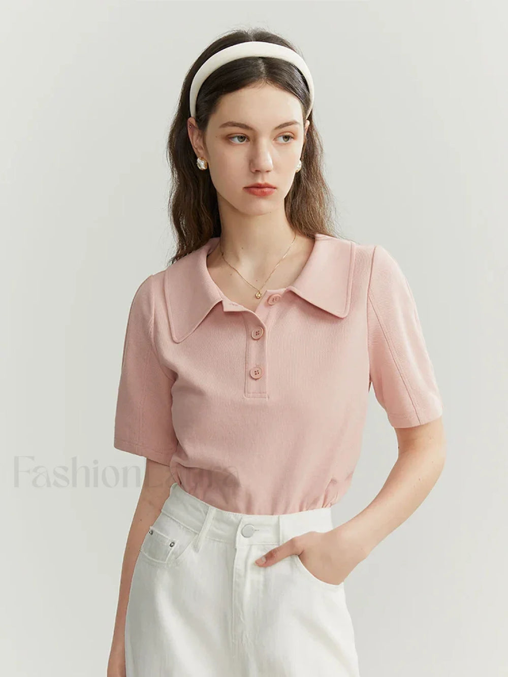 Solid Color Cotton Polo Collar T Shirt Pink / S