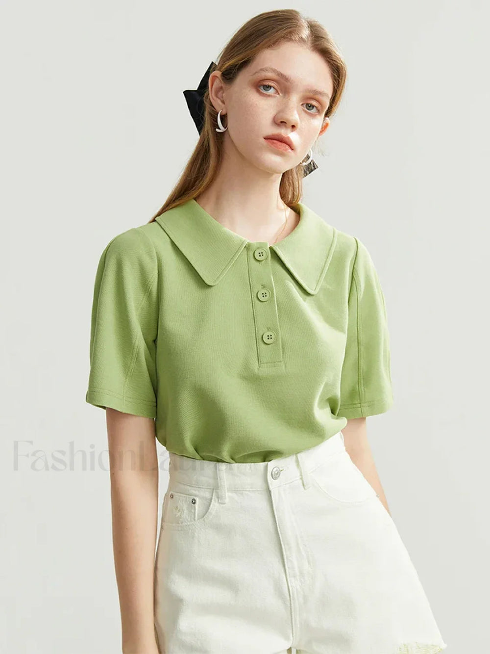Solid Color Cotton Polo Collar T Shirt Green / S