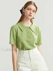 Solid Color Cotton Polo Collar T Shirt Green / S