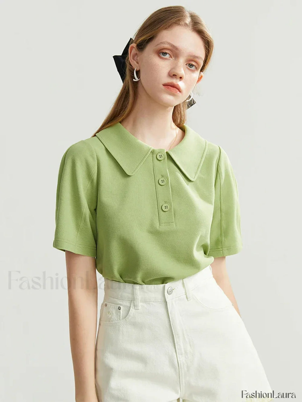 Solid Color Cotton Polo Collar T Shirt Green / S