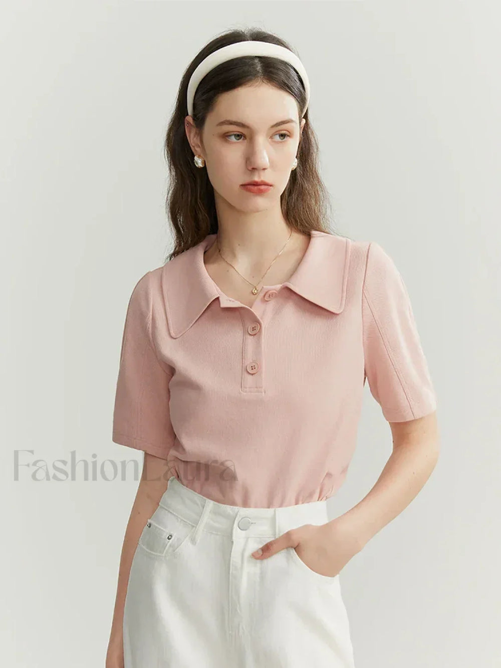 Solid Color Cotton Polo Collar T Shirt Pink / S