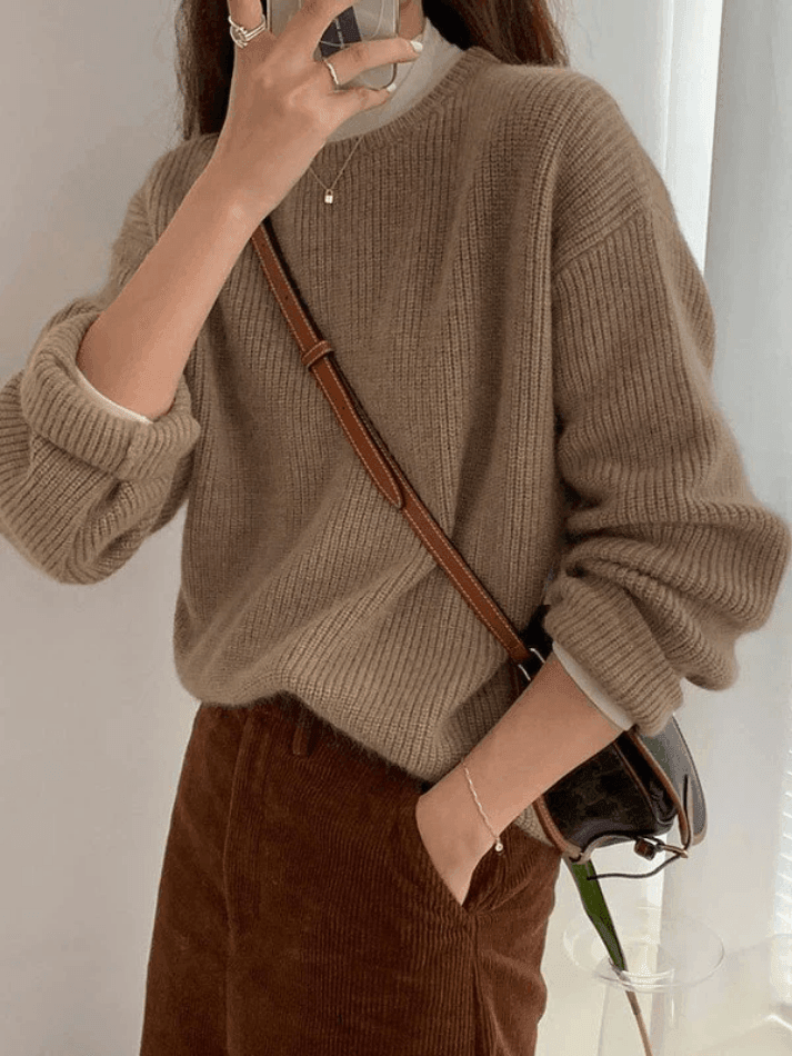 Solid Color Crew Neck Pullover Sweater Khaki / ONE SIZE Sweaters Main image