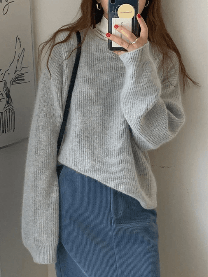 Solid Color Crew Neck Pullover Sweater Gray / ONE SIZE Sweaters