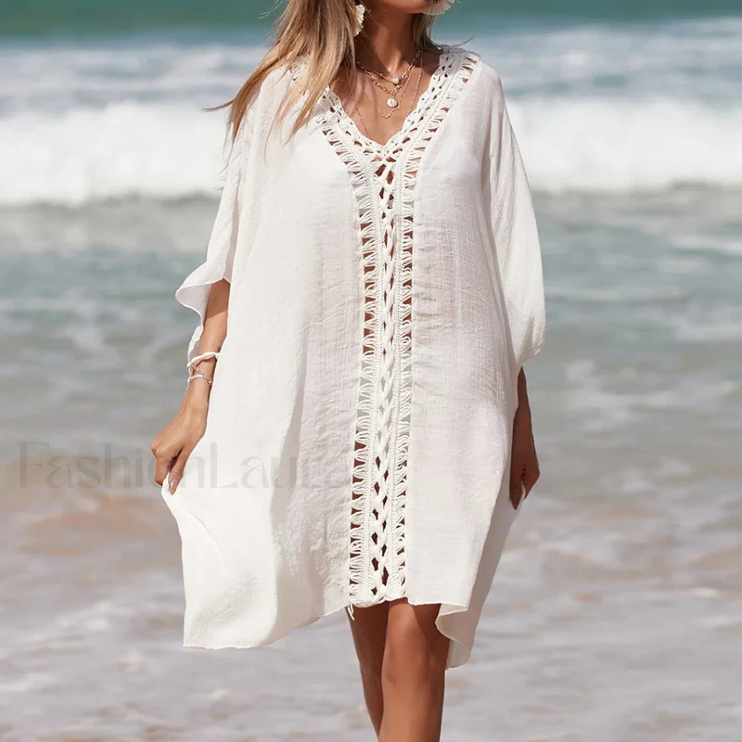 Solid Color Crochet Cutout Loose Cover Up Main image