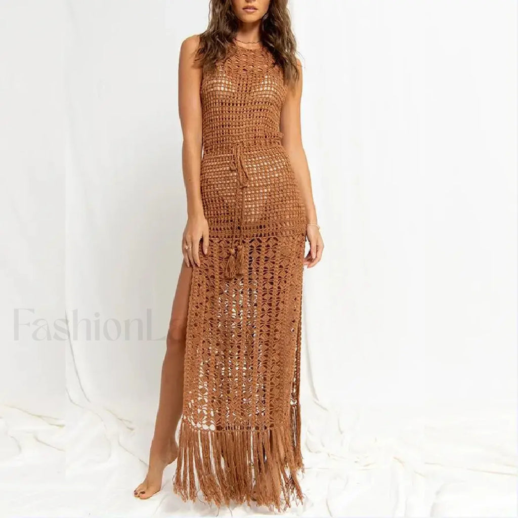 Solid Color Crocheted Hollow Out Sleeveless Cover Up BR OWN / S