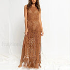 Solid Color Crocheted Hollow Out Sleeveless Cover Up BR OWN / S