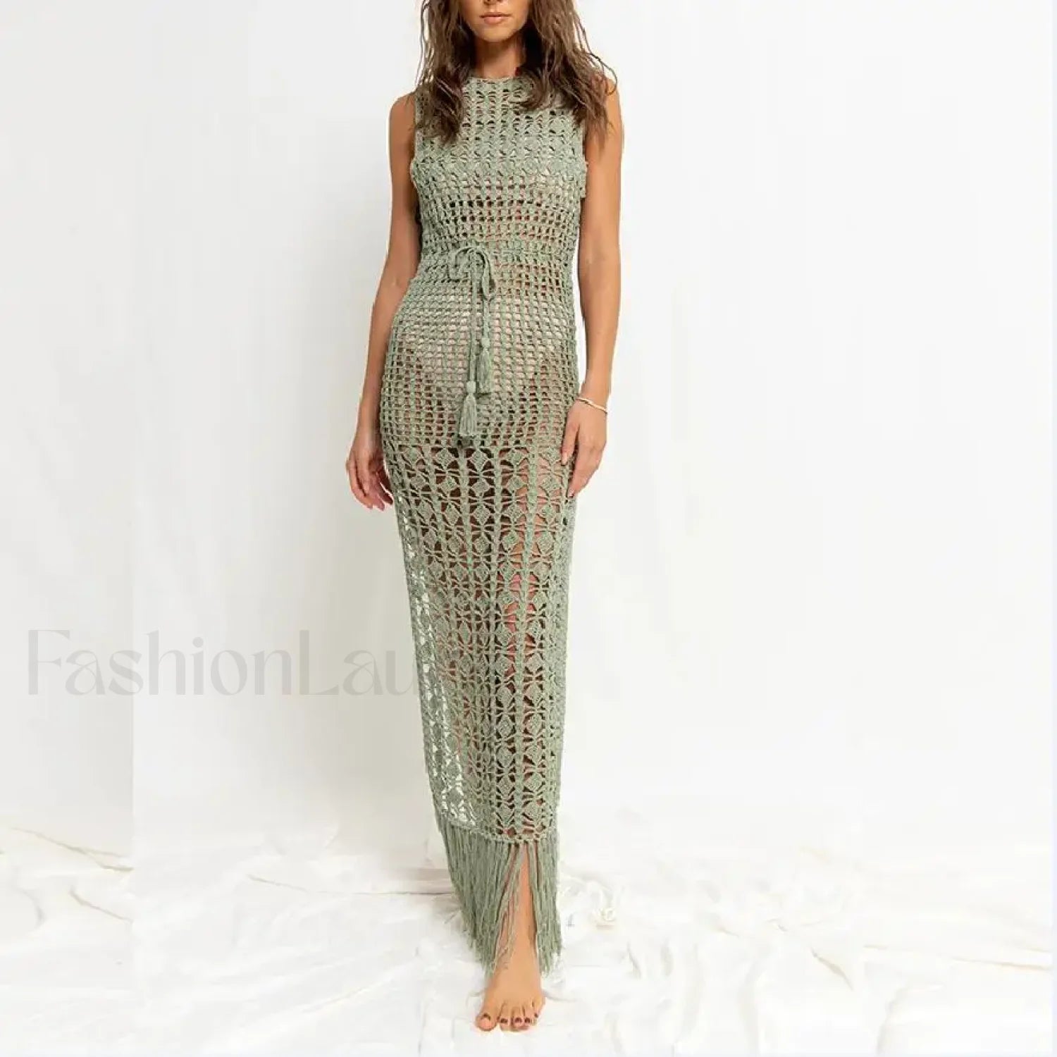 Solid Color Crocheted Hollow Out Sleeveless Cover Up GREEN / S Main image