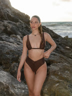 Solid Color High Waist Bikini Set BROWN1 / S