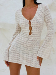 Solid Color Hollow Out Long Sleeve Knitted Cover Up