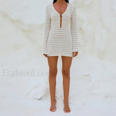 Solid Color Hollow Out Long Sleeve Knitted Cover Up