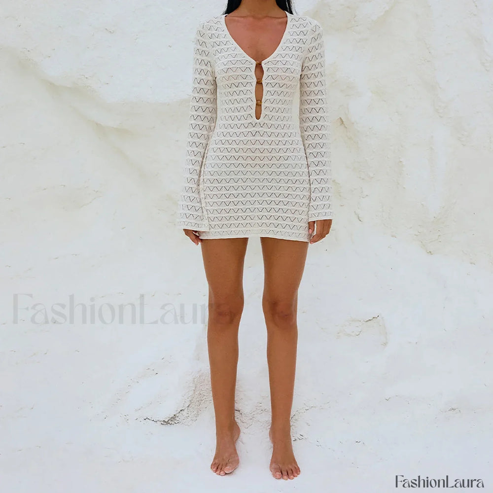 Solid Color Hollow Out Long Sleeve Knitted Cover Up
