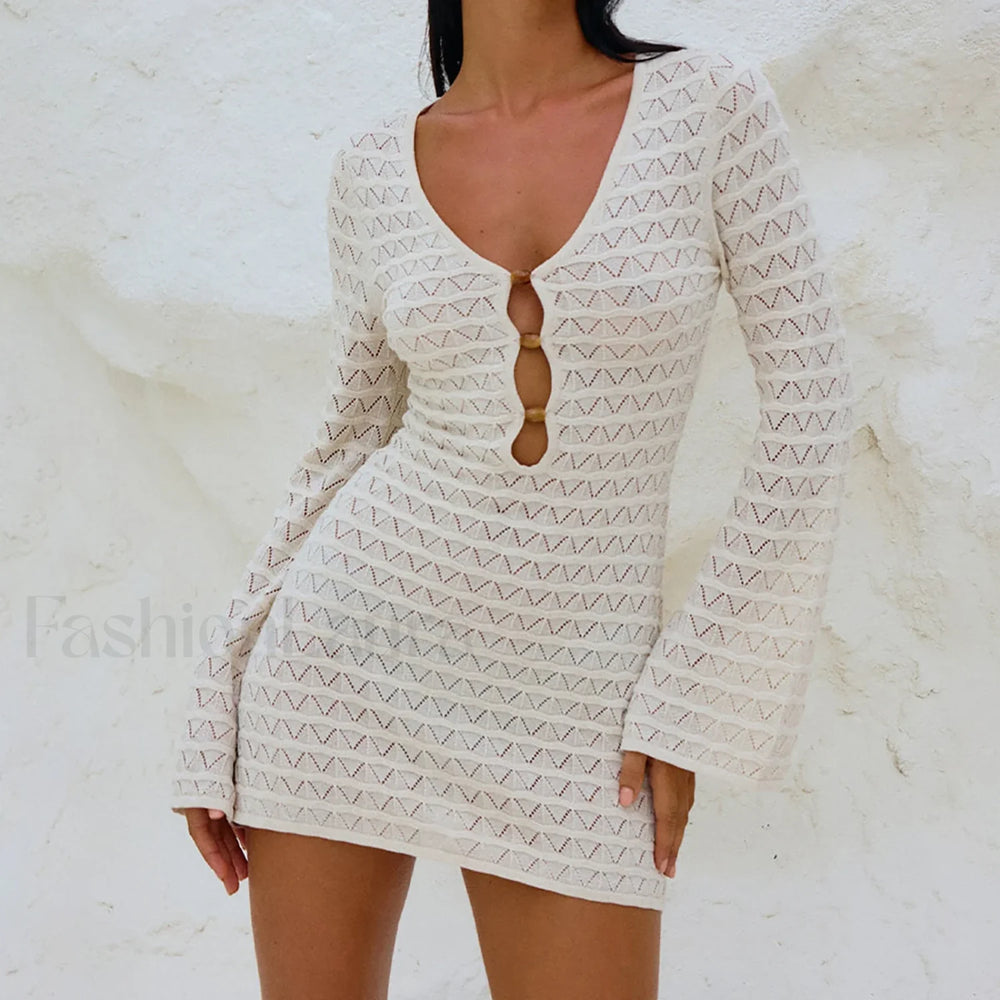 Solid Color Hollow Out Long Sleeve Knitted Cover Up WHITE / S