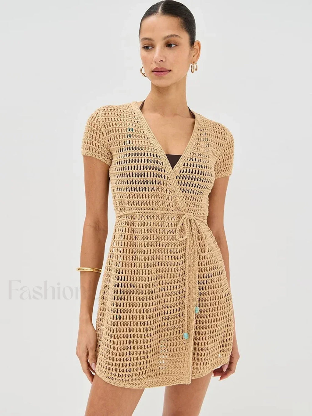 Solid Color Knit Hollow Out Short Sleeve Wrap Cover Up Khaki / S